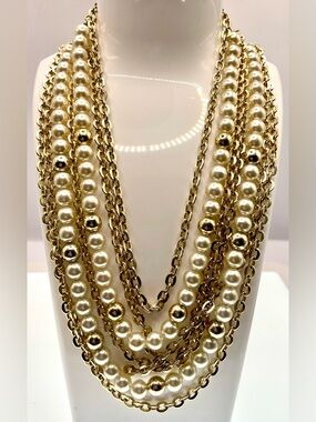 Vintage 80s Multi Strand Faux Pearl Gold Tone Chain Statement Necklace Layered